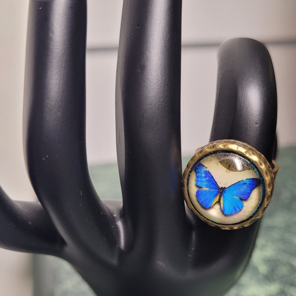 Elegant Blue Butterfly Pendant Necklace and Ring Set Handmade NWT